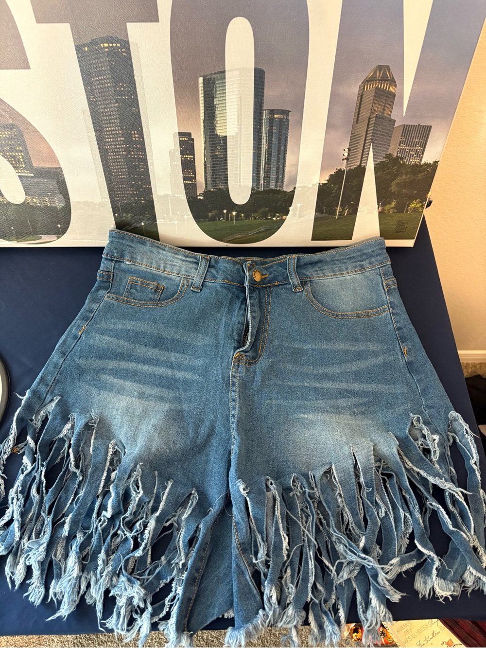 Blue Denim Fringe Shorts - Brand: